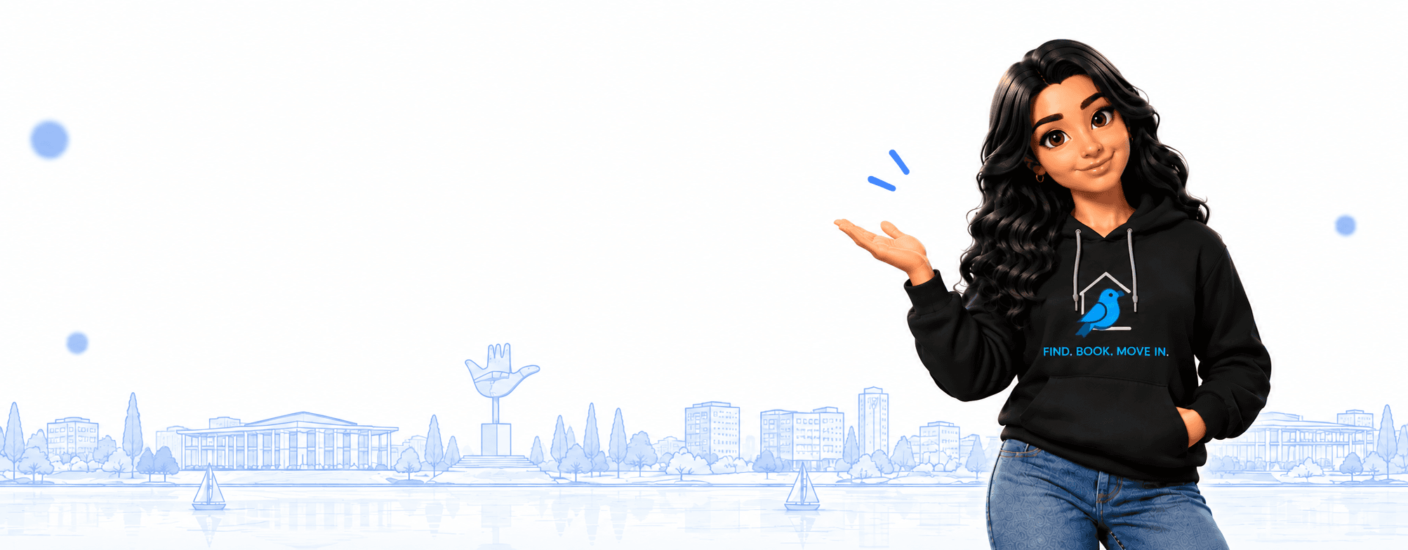 PropertyBulbul mascot pointing toward a Chandigarh skyline sketch